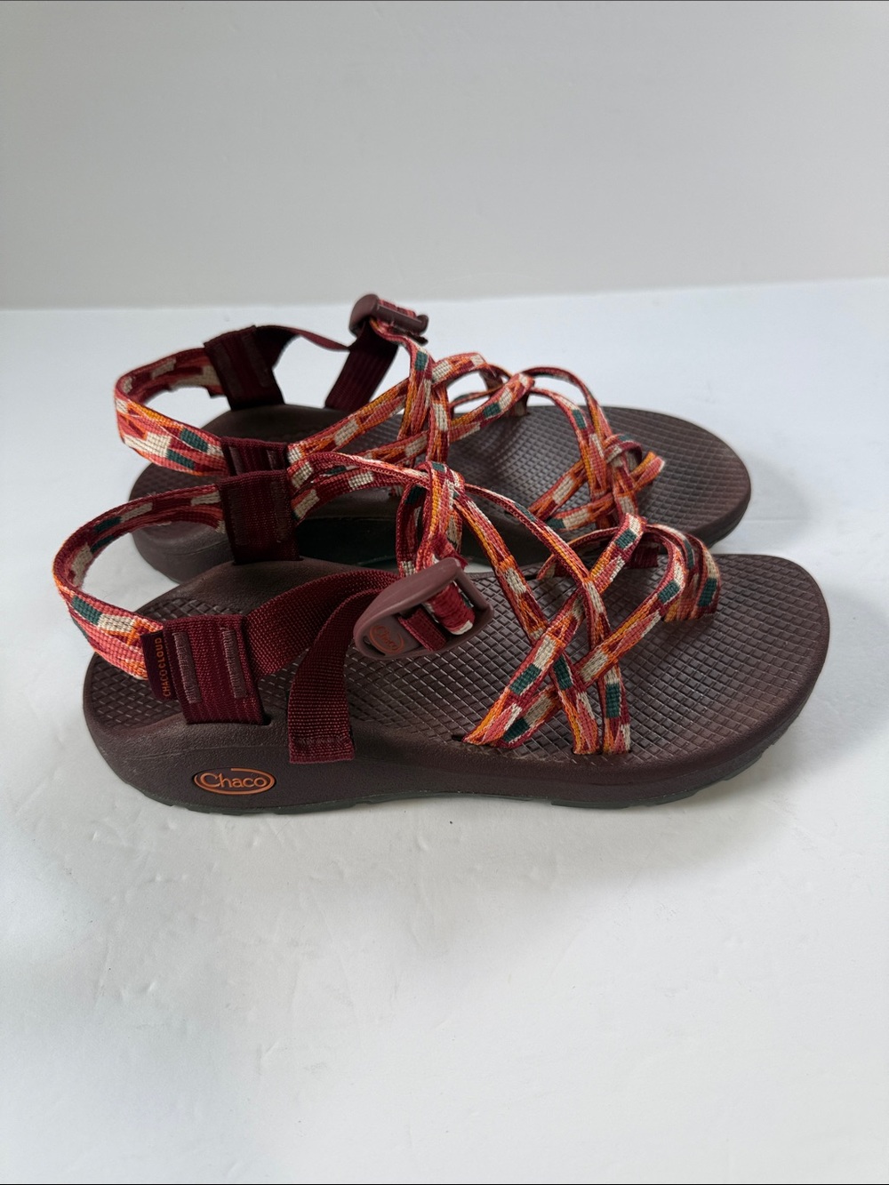 Chaco women’s Burgundy Sandals with Orange & Green Straps